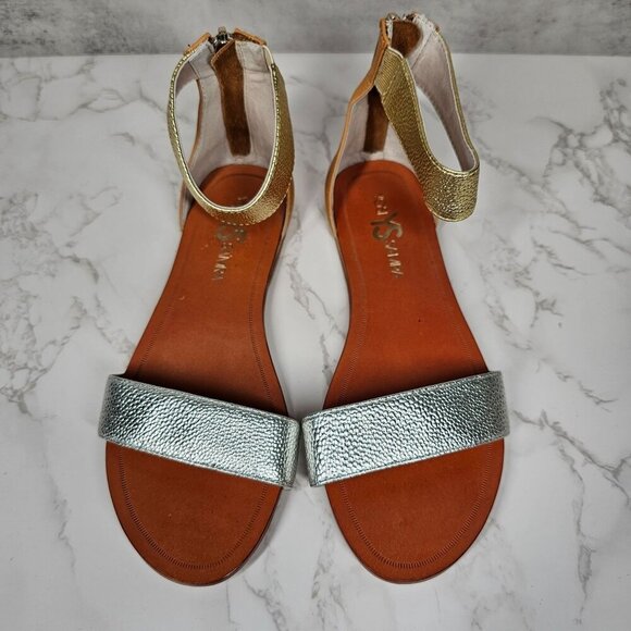 Yosi Samra Ankle Strap Flat Sandals Zip Back Silver Gold Women 6M - Picture 3 of 9